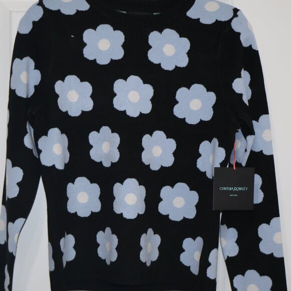 Cynthia Rowley Doubleknit Floral Crew Neck Sweater Black Blue Large - Picture 5 of 5